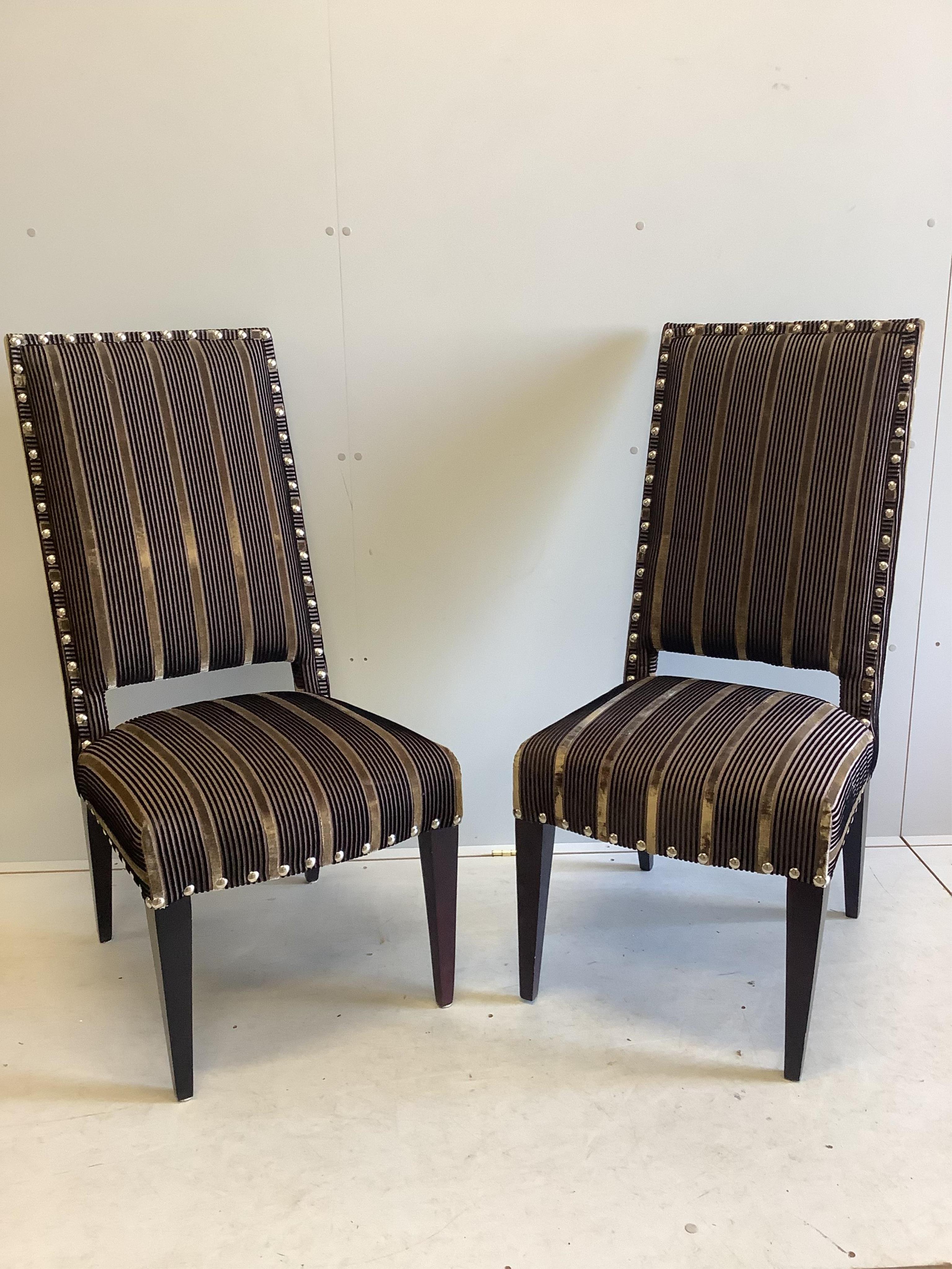 A pair of James Martin high back hall chairs, width 49cm, depth 52cm, height 114cm. Condition - good